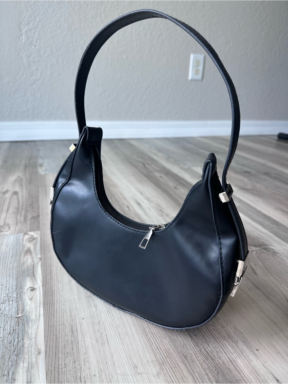 SHEIN Black Mini Hobo Shoulder Bag Y2K Faux Leather Silver Hardware